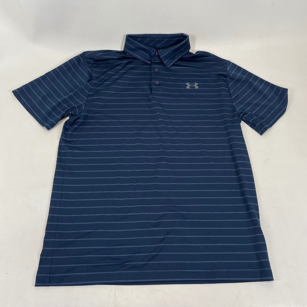 Under Armour Mens Playoff Polo Shirt Navy Blue Striped Short Sleeve Medium Loose